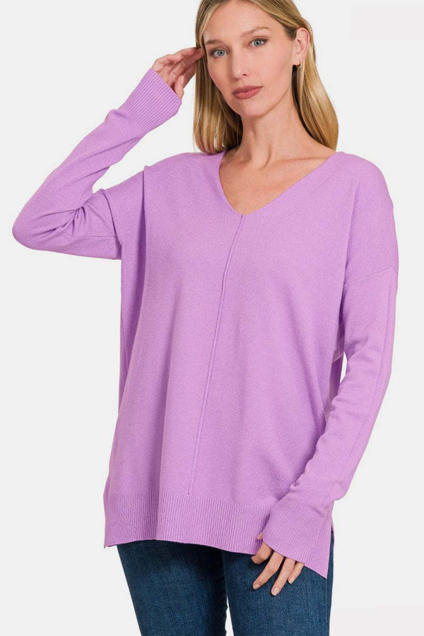 Zenana Slit V-Neck Dropped Shoulder Sweater in lavender, cozy fit.