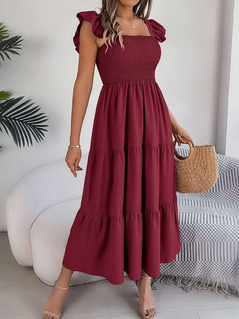 Smocked square neck cap sleeve midi dress in burgundy.