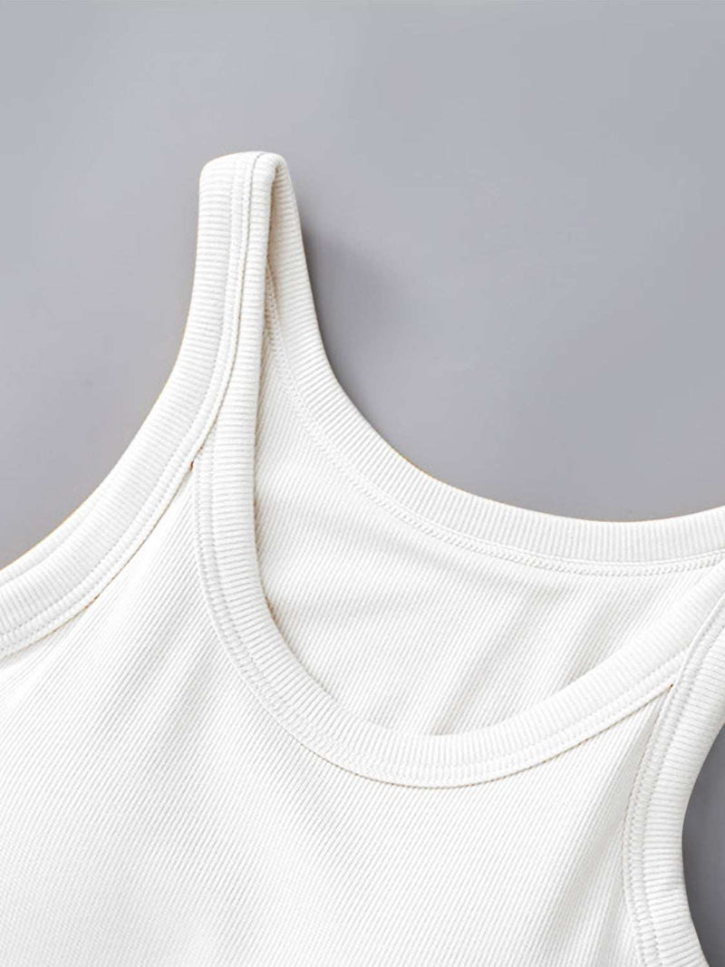 White round neck tank top with built-in bra, featuring a ribbed texture and basic style.
