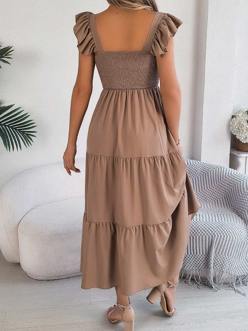 Smocked square neck cap sleeve midi dress in brown with tiered design.