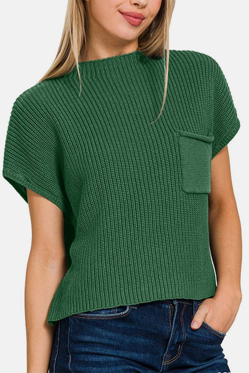 Green Zenana mock neck short sleeve cropped sweater.
