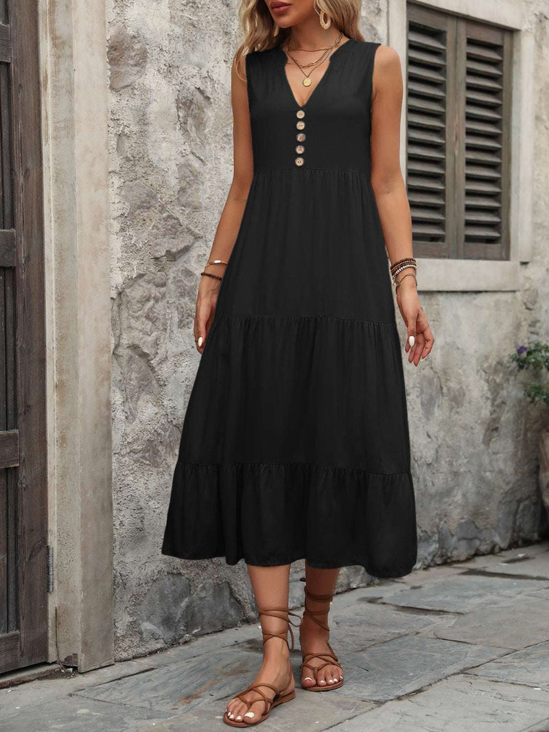 Ivy Lane Decorative Button Notched Sleeveless Dress in black cotton with decorative buttons, featuring a slightly stretchy opaque design.