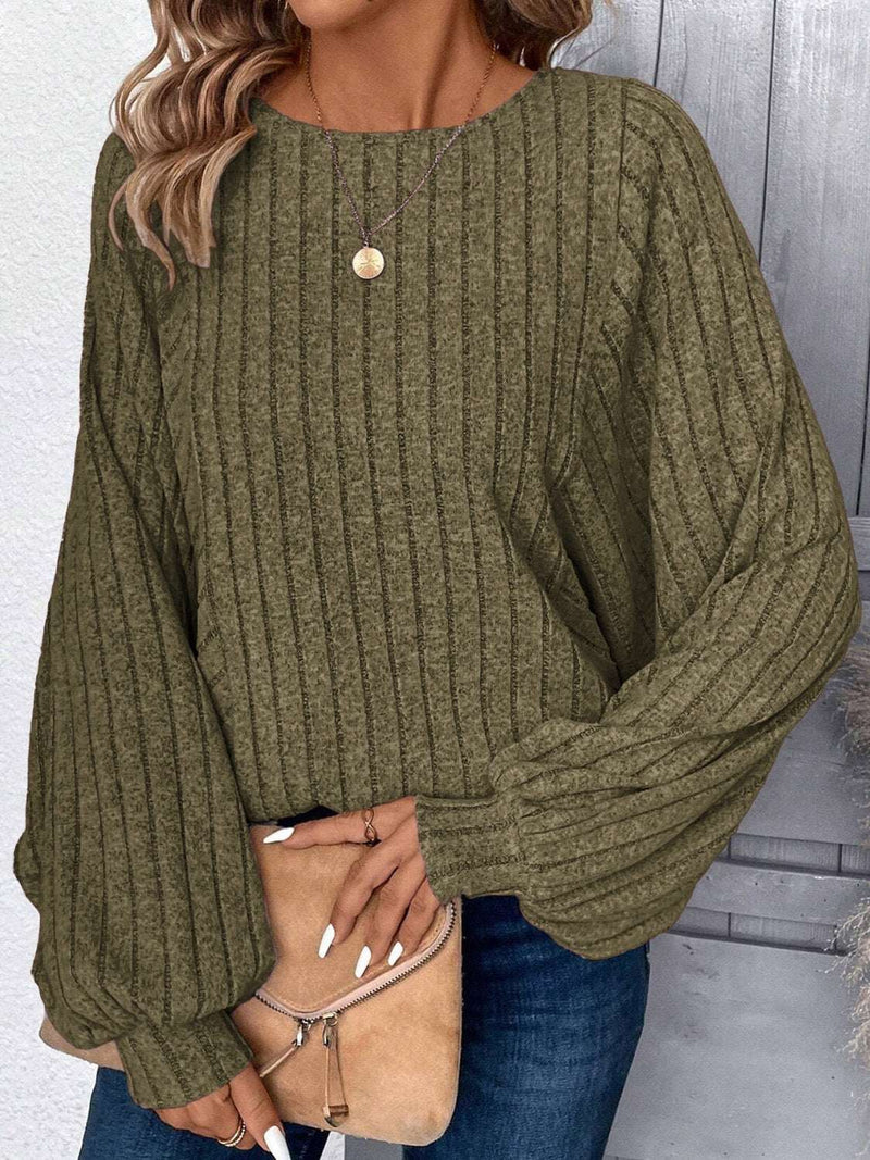 Plus size round neck batwing sleeve T-shirt in olive green with ribbed texture.