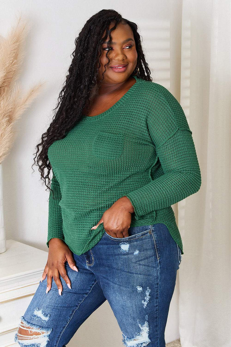 Culture Code full size scoop neck patch pocket top in green with distressed jeans.