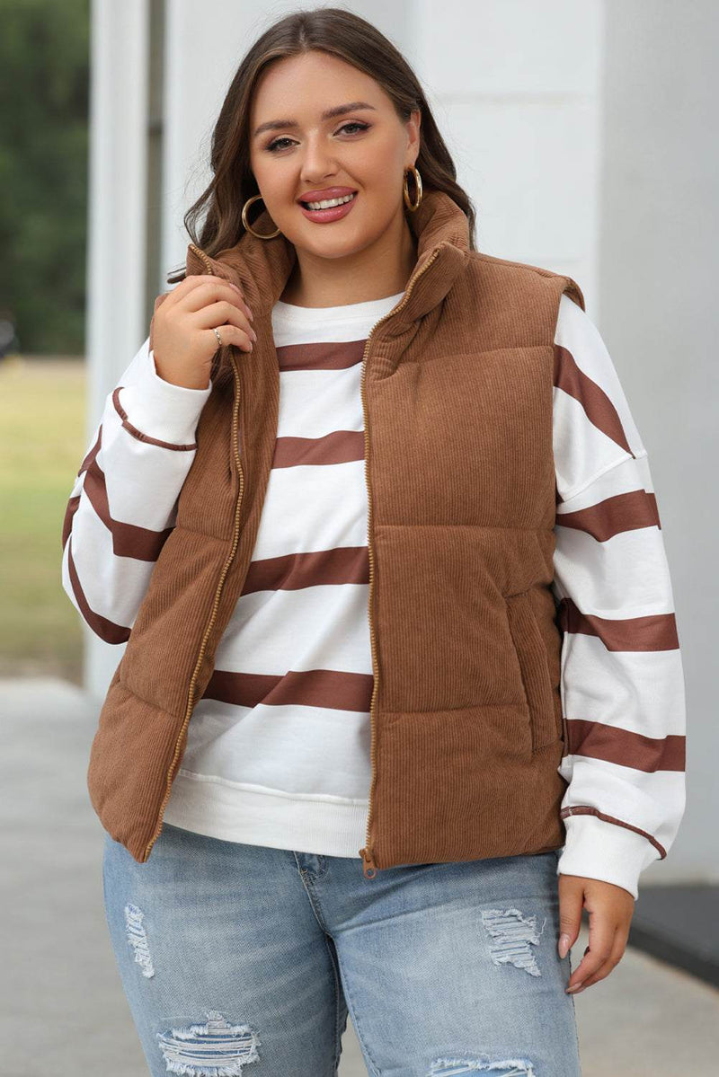 Coffee corduroy stand neck zipped puffer vest on model, casual styling.