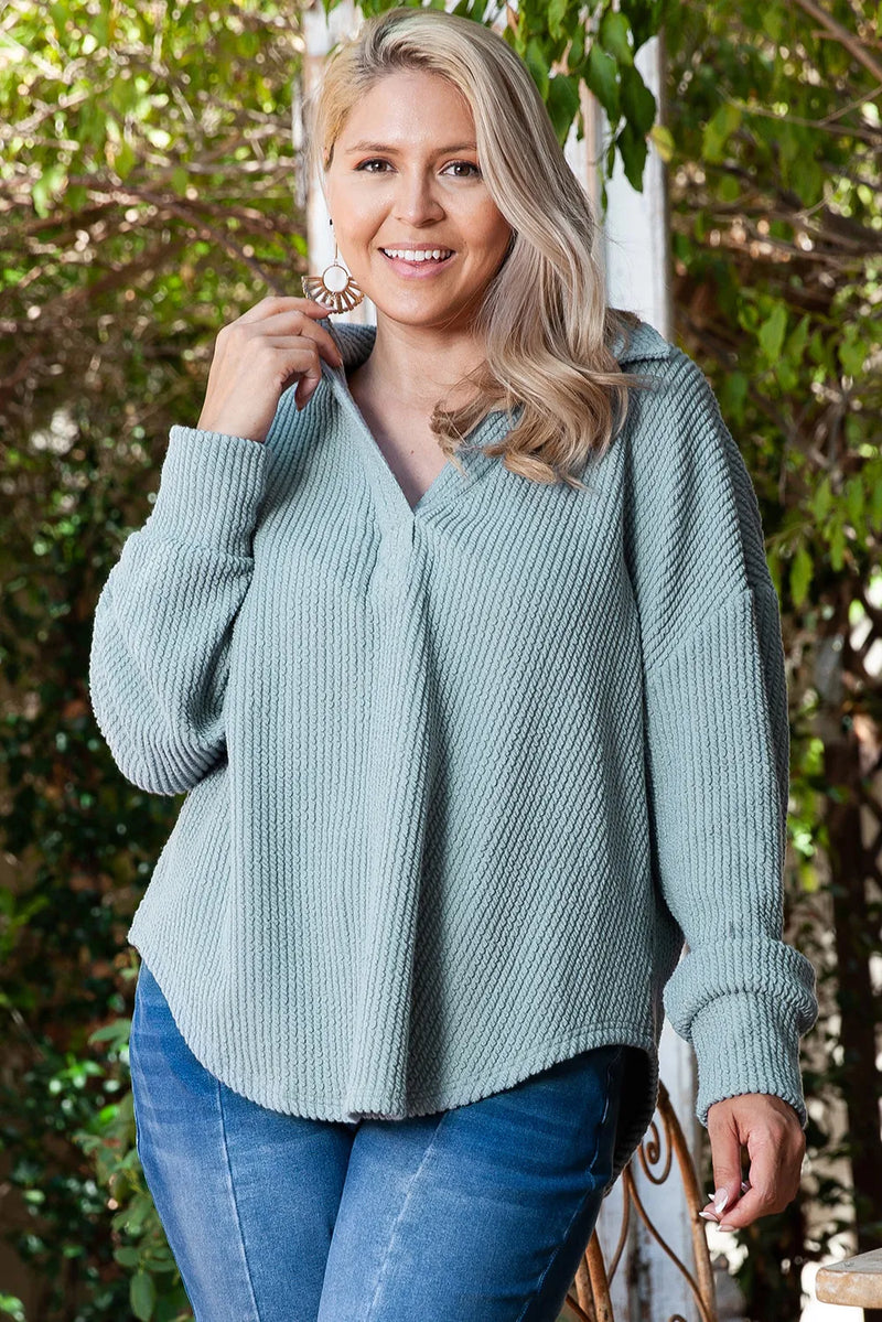 Plus size textured Johnny collar long sleeve sweatshirt in light blue.