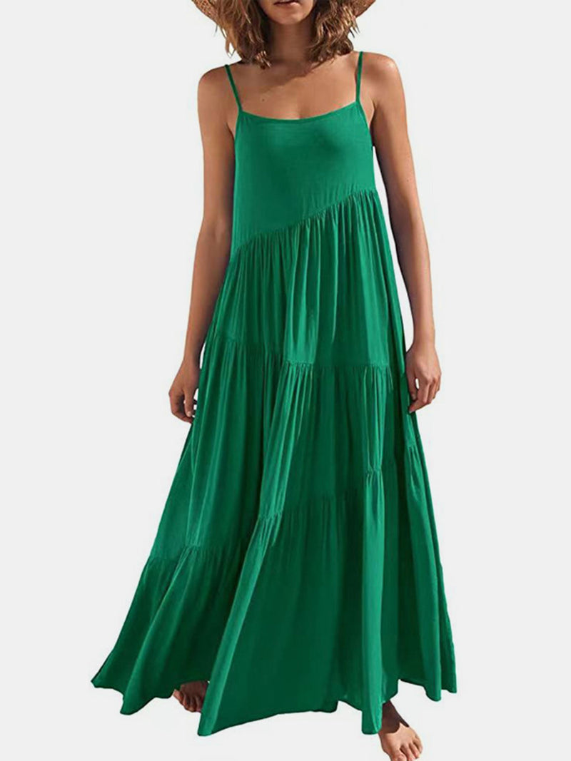Full size ruched tiered spaghetti strap dress in green.