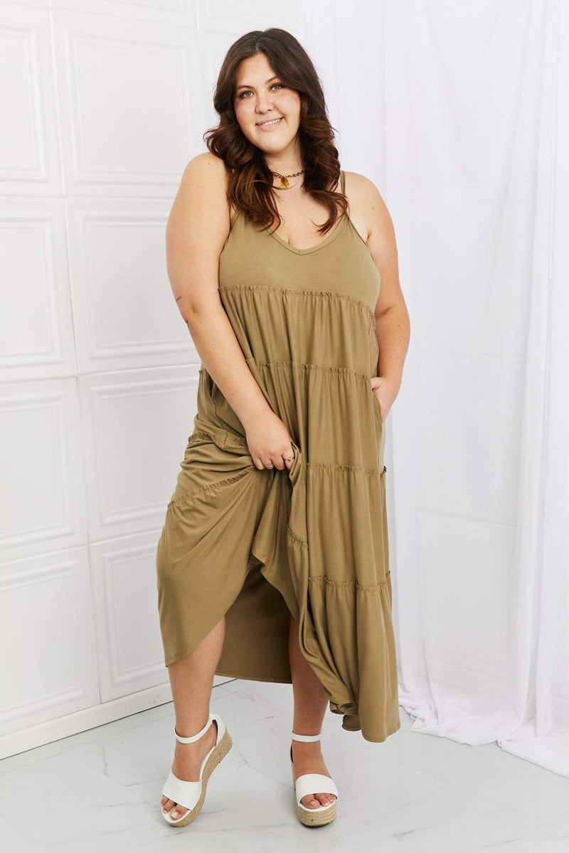 Zenana Full Size Khaki Spaghetti Strap Tiered Dress with Pockets