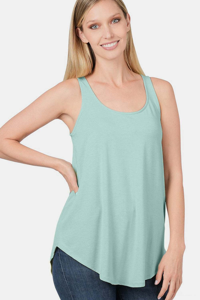 Zenana Round Neck Curved Hem Tank in mint green, women's casual sleeveless top.