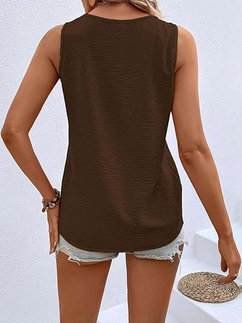 Women's full-size tank with decorative buttons and V-neck design, opaque polyester fabric, non-stretch, casual summer style.