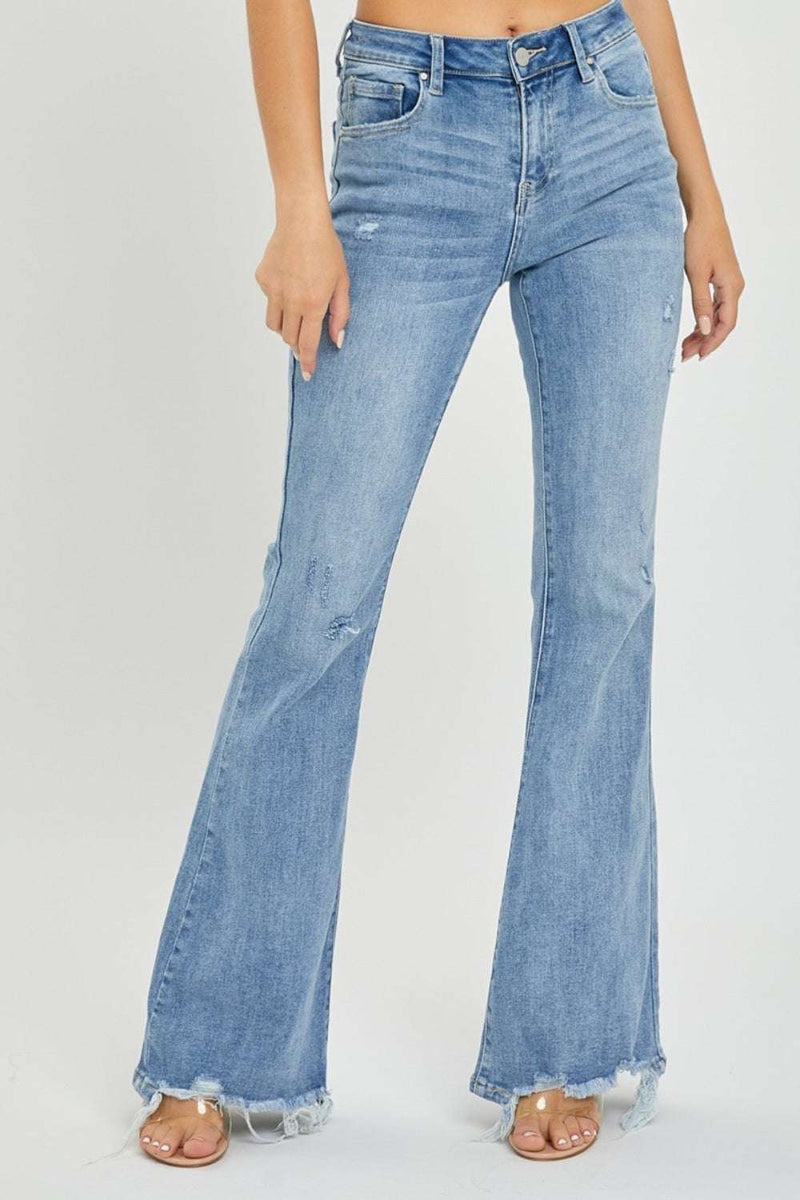 Risen Full Size High Rise Frayed Hem Flare JeansStep into style and comfort with our Risen Full Size High Rise Frayed Hem Flare Jeans! Designed for the modern woman who loves to express herself, these jeans blend BottomsTrendsiKlondike Creek Unique BoutiqueRisen Full Size High Rise Frayed Hem Flare Jeans