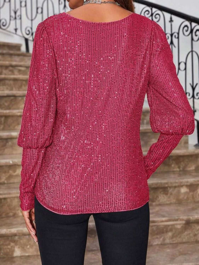 Sequin boat neck long sleeve top in red with opaque finish.