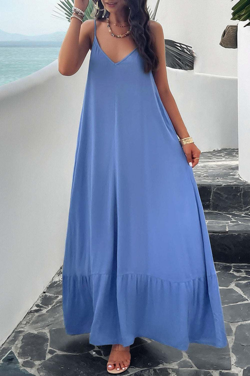 Devine Backless Maxi Cami Dress with Pockets in blue.