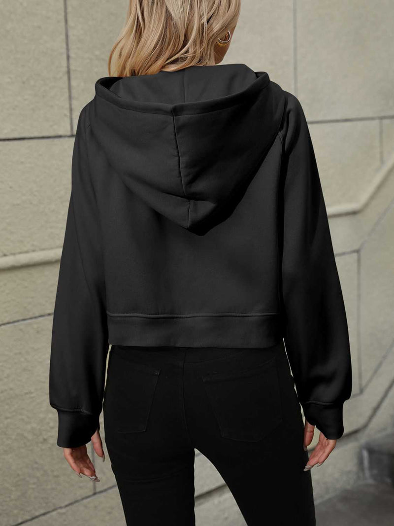 Mandy Half Zip Long Sleeve Sweatshirt, black, back view, pocketed, slightly stretchy, rayon-polyester blend.