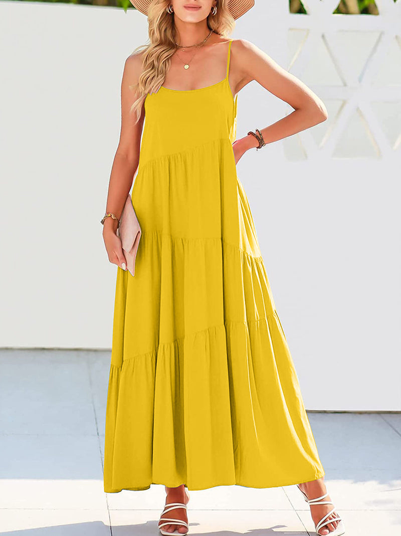 Full Size Ruched Tiered Spaghetti Strap Dress in yellow, moderate stretch, polyester fabric.