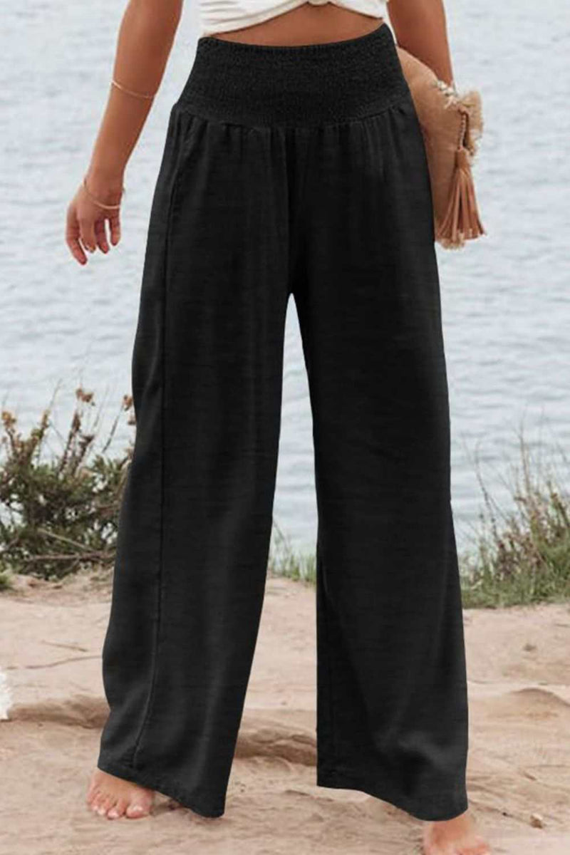 Plus Size Smocked High Waist Wide Leg Pants with Pockets, 100% Polyester, Opaque