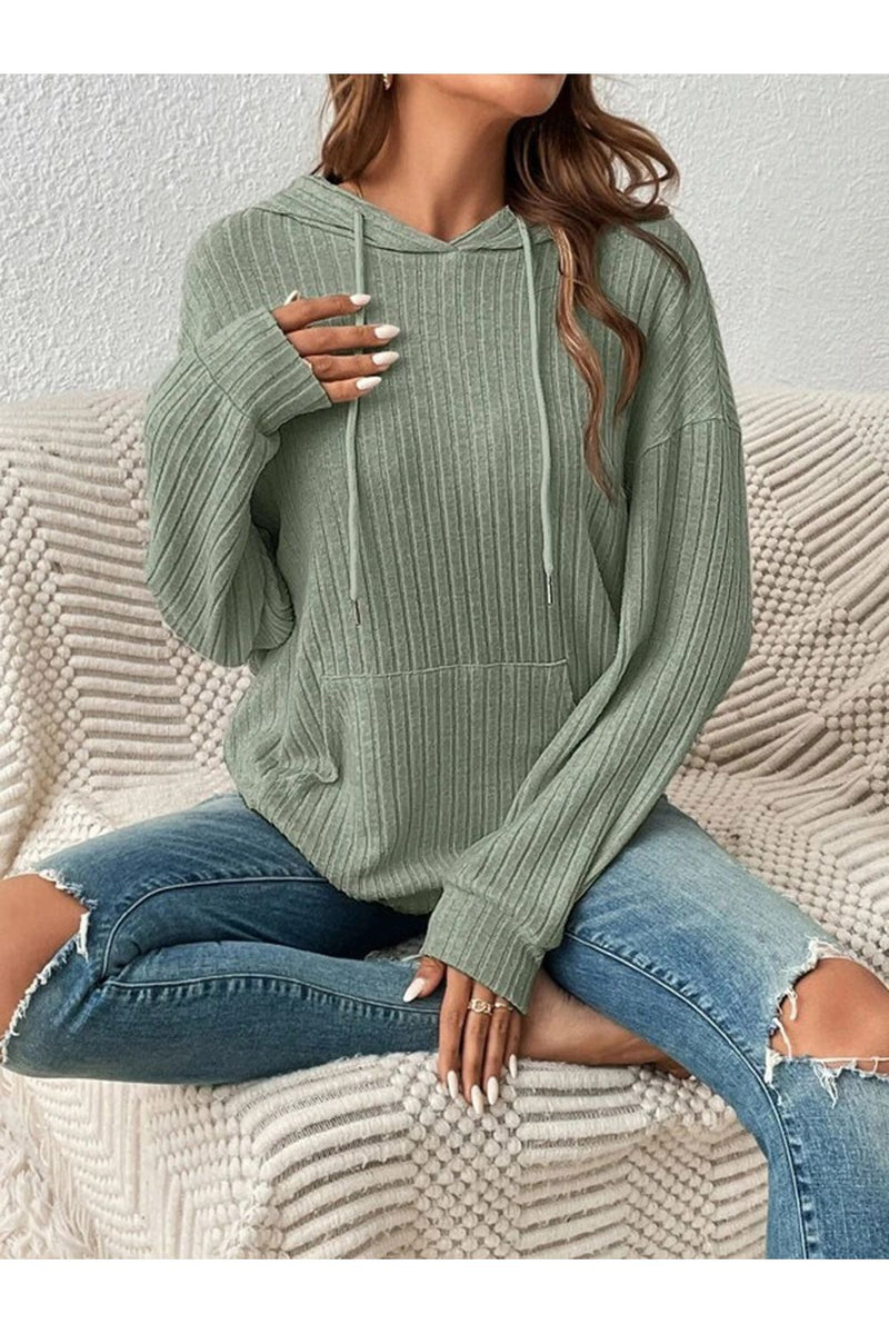 Ribbed Dropped Shoulder Drawstring Hoodie