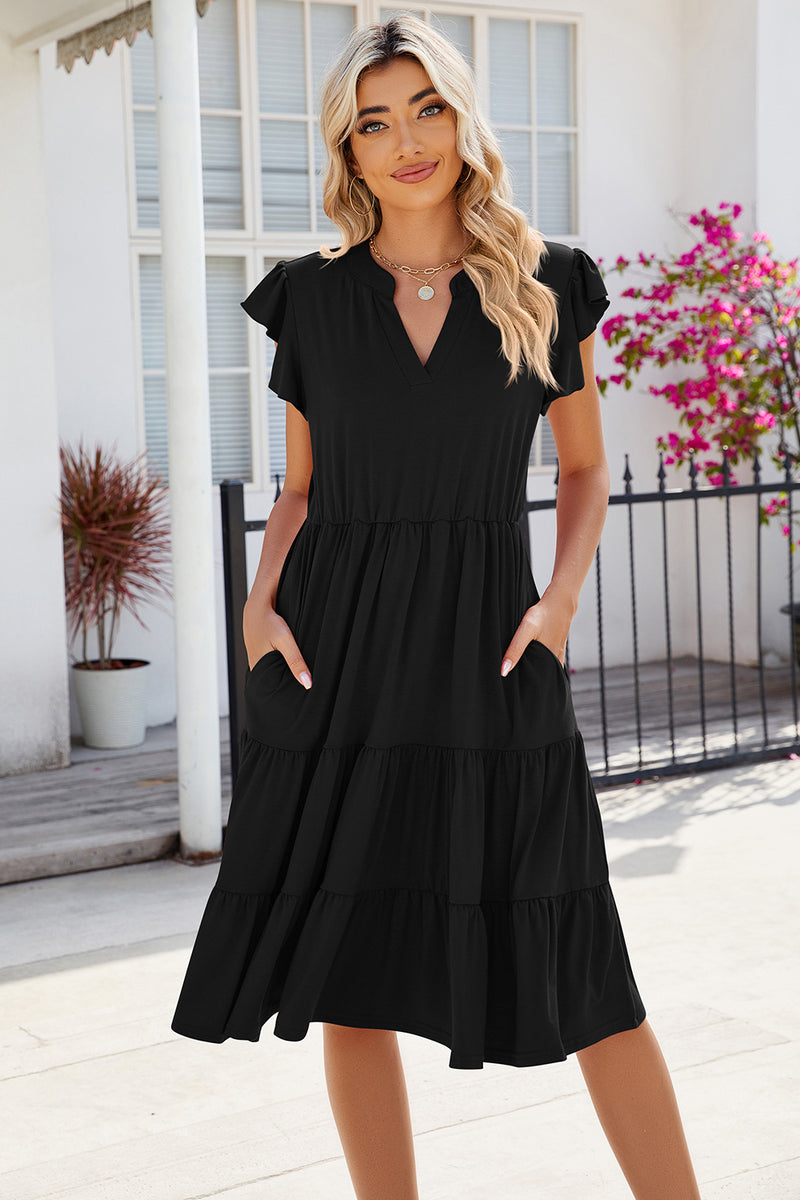 Ruched Notched Cap Sleeve Dress