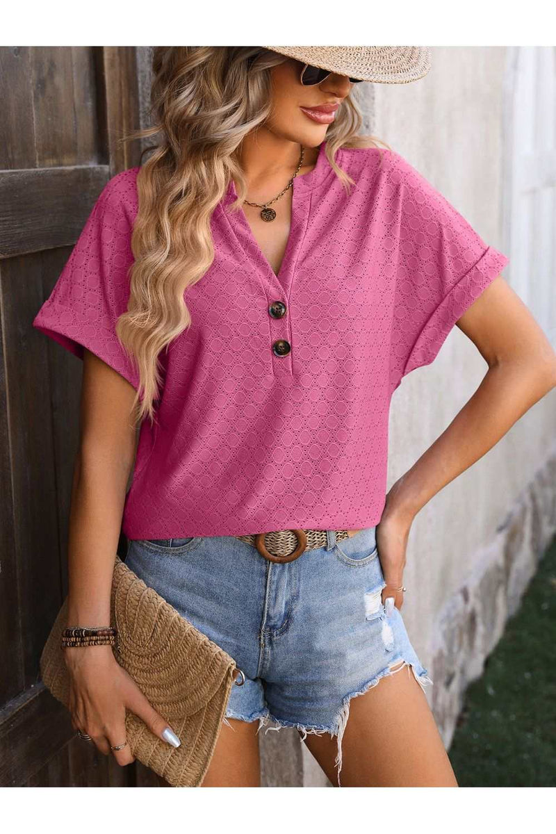 Eyelet Notched Short Sleeve T-ShirtFeatures: Eyelet
Sheer: Opaque
Stretch: No stretch
Material composition: 65% rayon, 35% polyester
Care instructions: Machine wash cold. Tumble dry low.
Imported
ProdShirts & TopsTrendsiKlondike Creek Unique BoutiqueEyelet Notched Short Sleeve