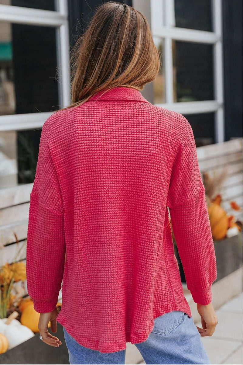 Waffle-Knit Collared Neck Dropped Shoulder ShirtPattern type: Solid
Style: Casual
Features: Waffle-knit
Neckline: Collared neck
Length: Long
Sleeve length: Long sleeves
Sleeve type: Dropped shoulders
Sheer: No
MatTrendsiKlondike Creek Unique BoutiqueWaffle-Knit Collared Neck Dropped Shoulder Shirt