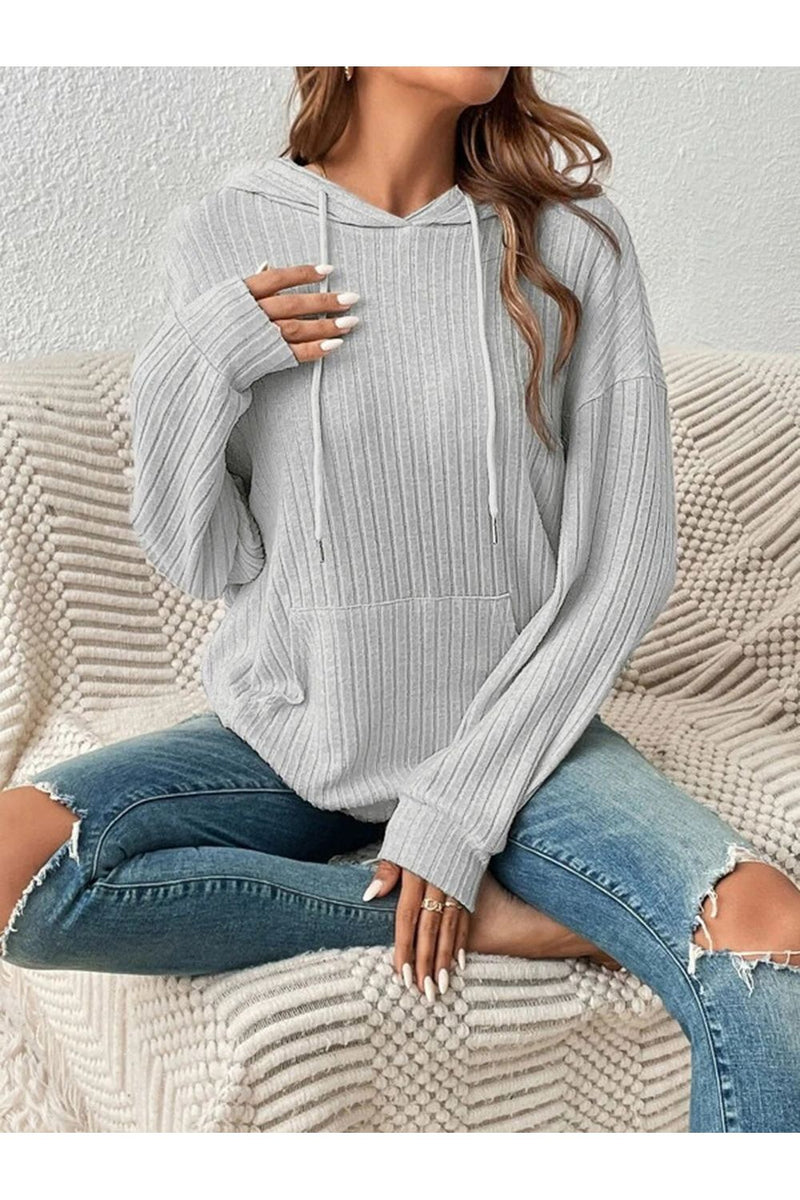 Ribbed Dropped Shoulder Drawstring Hoodie