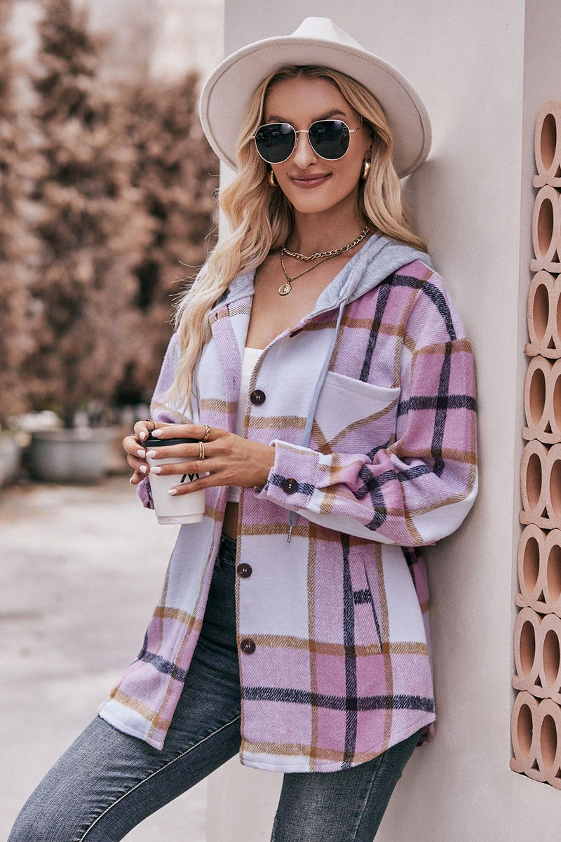 Plaid Dropped Shoulder Hooded Jacket