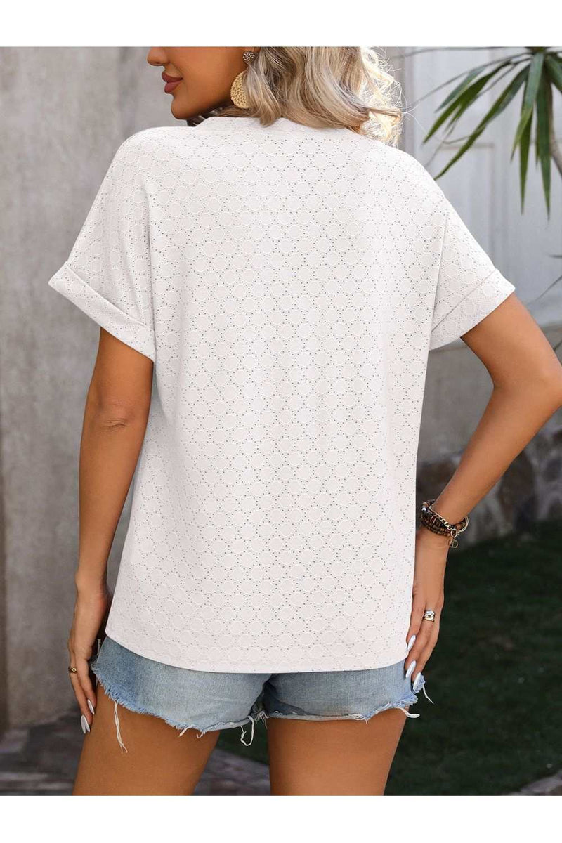 Eyelet Notched Short Sleeve T-ShirtFeatures: Eyelet
Sheer: Opaque
Stretch: No stretch
Material composition: 65% rayon, 35% polyester
Care instructions: Machine wash cold. Tumble dry low.
Imported
ProdShirts & TopsTrendsiKlondike Creek Unique BoutiqueEyelet Notched Short Sleeve