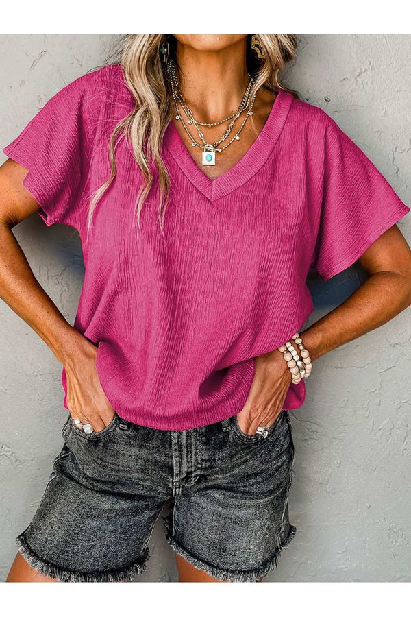 Textured V-Neck short sleeve T-shirt in vibrant pink.