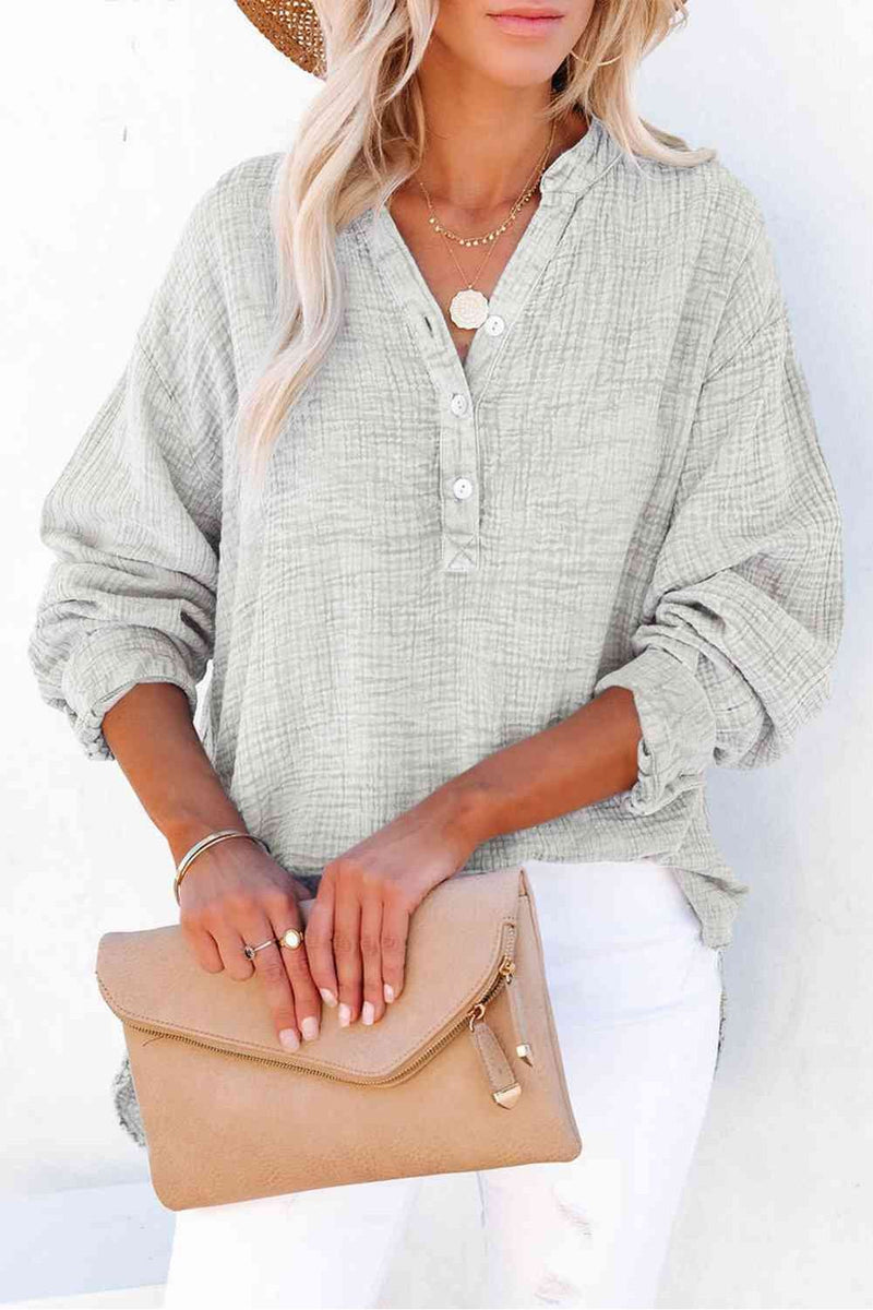 Buttoned Long Sleeve BlouseFeatures: Buttoned
Sheer: Opaque
Stretch: No stretch
Material composition: 100% cotton
Care instructions: Machine wash cold. Tumble dry low.
Imported
Product measureAll TopsTrendsiKlondike Creek Unique BoutiqueButtoned Long Sleeve Blouse