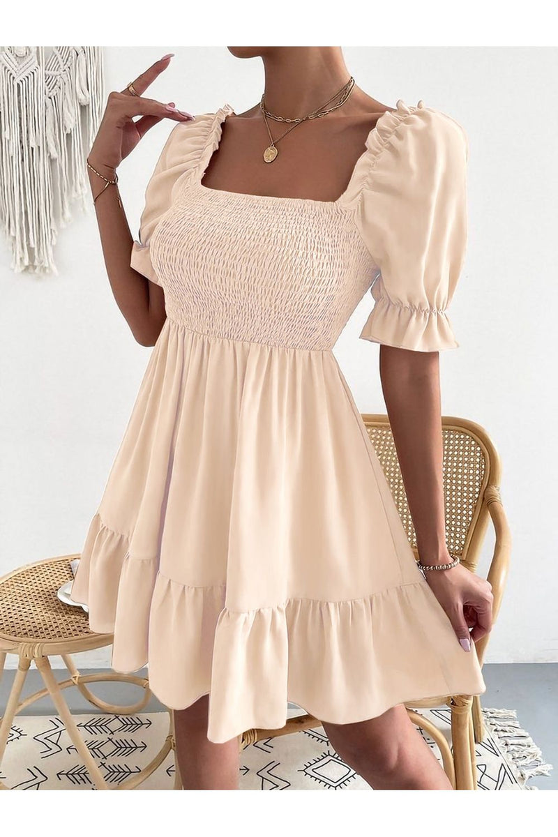 Smocked Square Neck Short Sleeve Dress