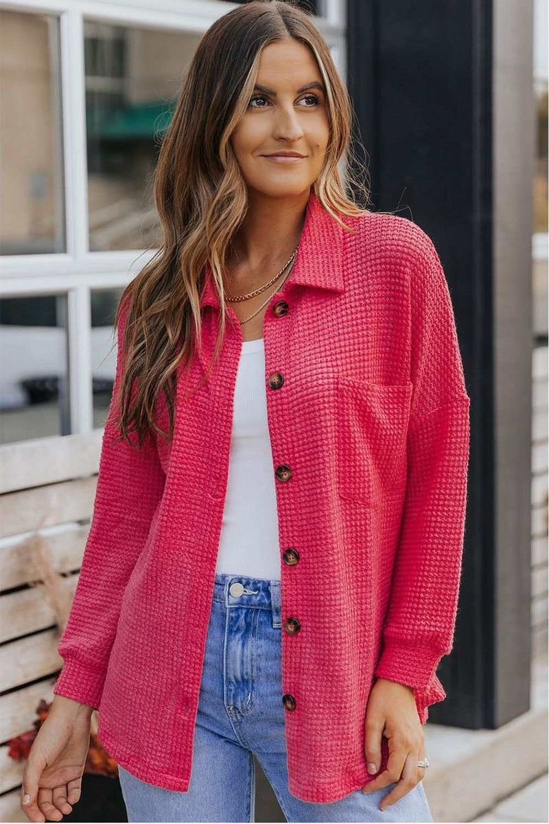 Waffle-Knit Collared Neck Dropped Shoulder ShirtPattern type: Solid
Style: Casual
Features: Waffle-knit
Neckline: Collared neck
Length: Long
Sleeve length: Long sleeves
Sleeve type: Dropped shoulders
Sheer: No
MatTrendsiKlondike Creek Unique BoutiqueWaffle-Knit Collared Neck Dropped Shoulder Shirt