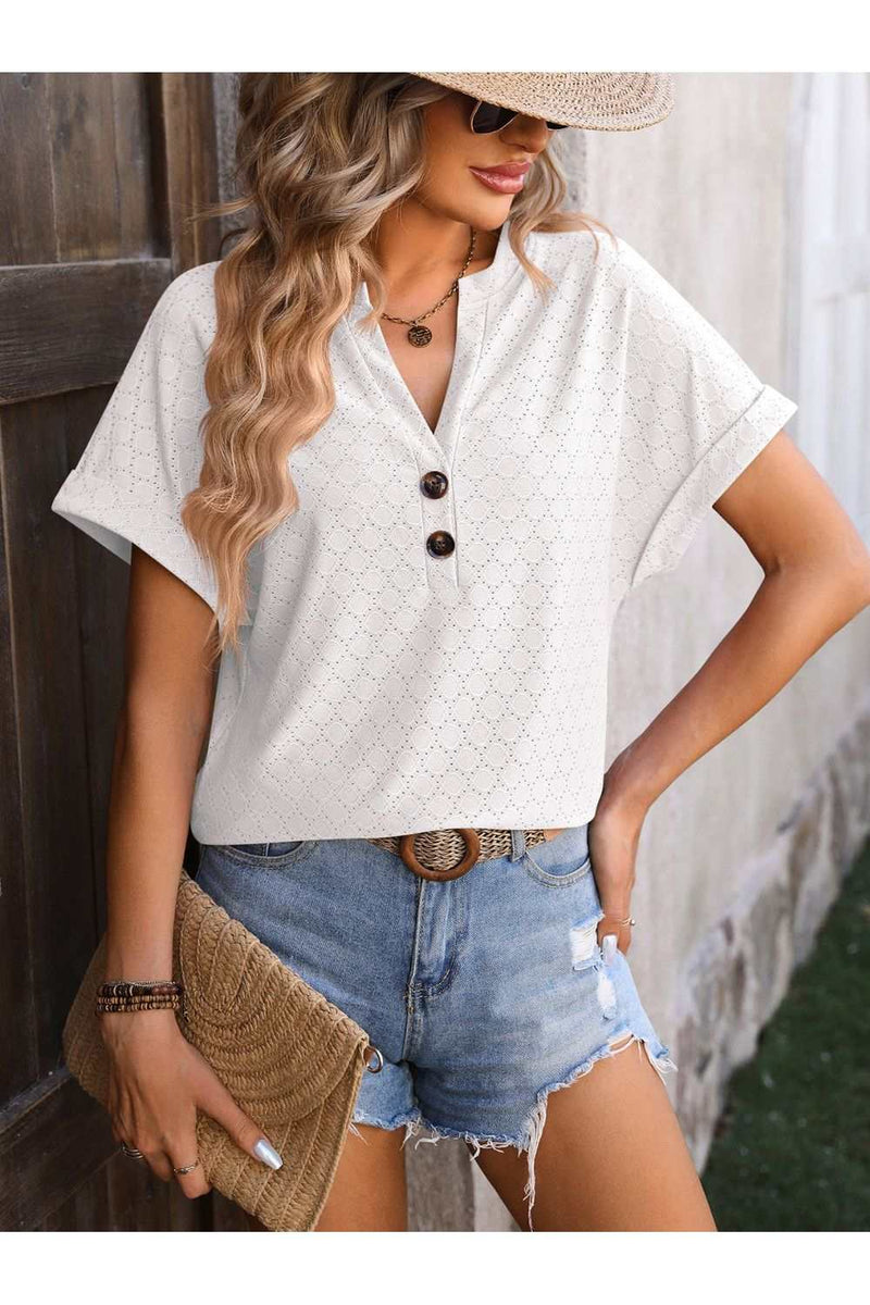 Eyelet Notched Short Sleeve T-ShirtFeatures: Eyelet
Sheer: Opaque
Stretch: No stretch
Material composition: 65% rayon, 35% polyester
Care instructions: Machine wash cold. Tumble dry low.
Imported
ProdShirts & TopsTrendsiKlondike Creek Unique BoutiqueEyelet Notched Short Sleeve