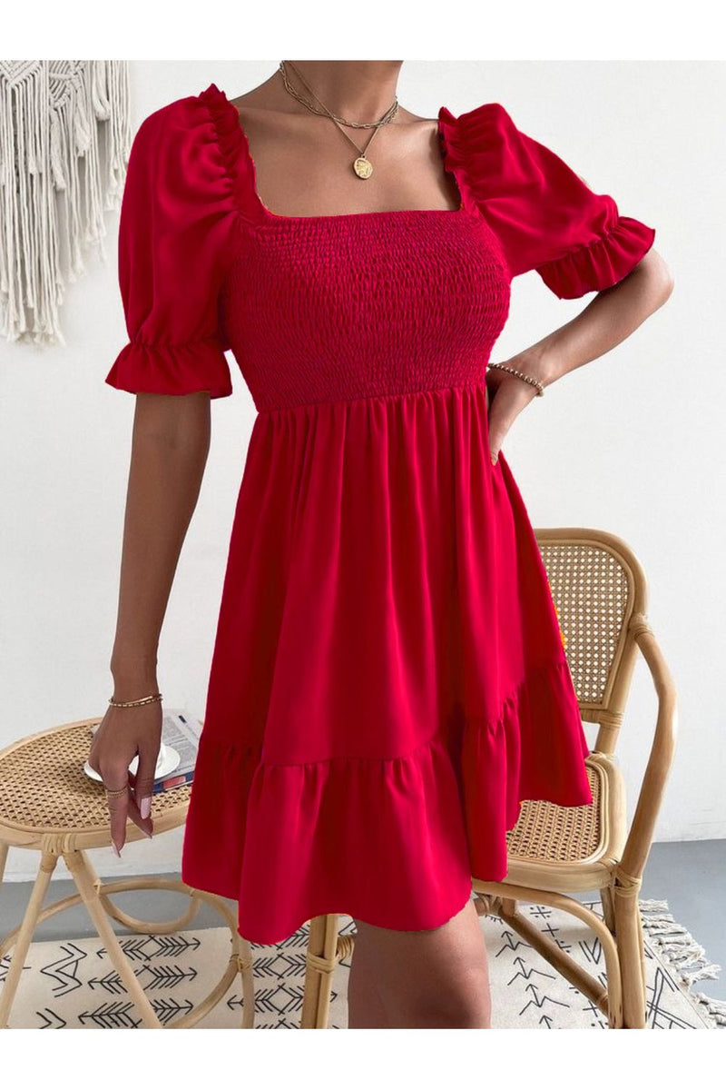 Smocked Square Neck Short Sleeve Dress