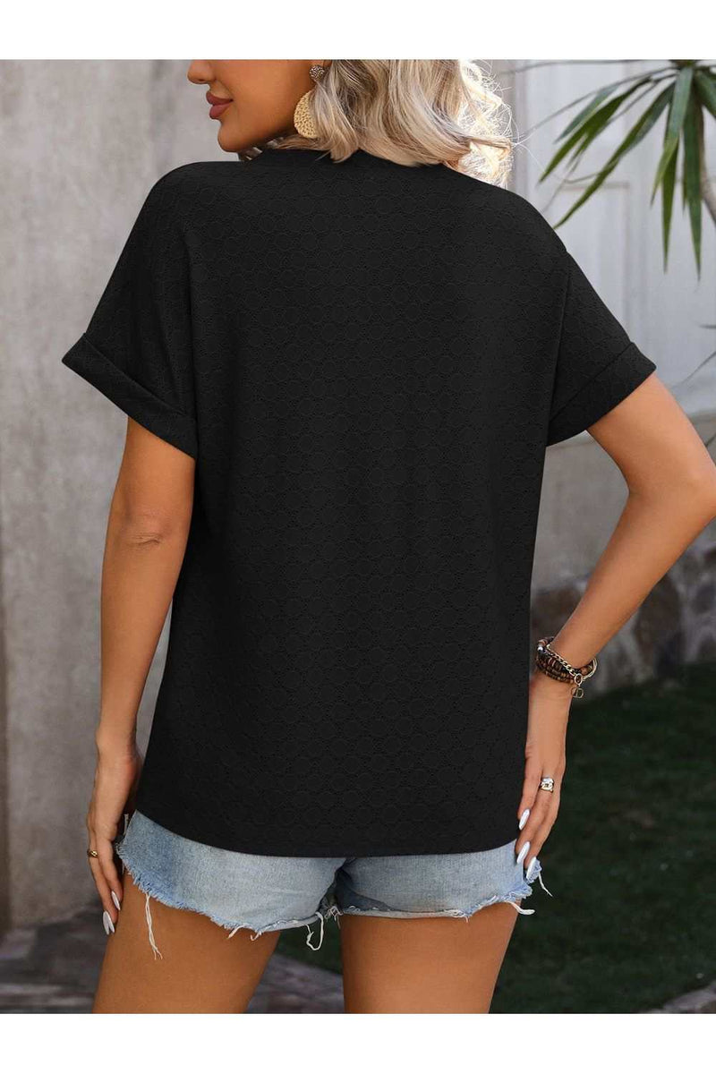 Eyelet Notched Short Sleeve T-ShirtFeatures: Eyelet
Sheer: Opaque
Stretch: No stretch
Material composition: 65% rayon, 35% polyester
Care instructions: Machine wash cold. Tumble dry low.
Imported
ProdShirts & TopsTrendsiKlondike Creek Unique BoutiqueEyelet Notched Short Sleeve