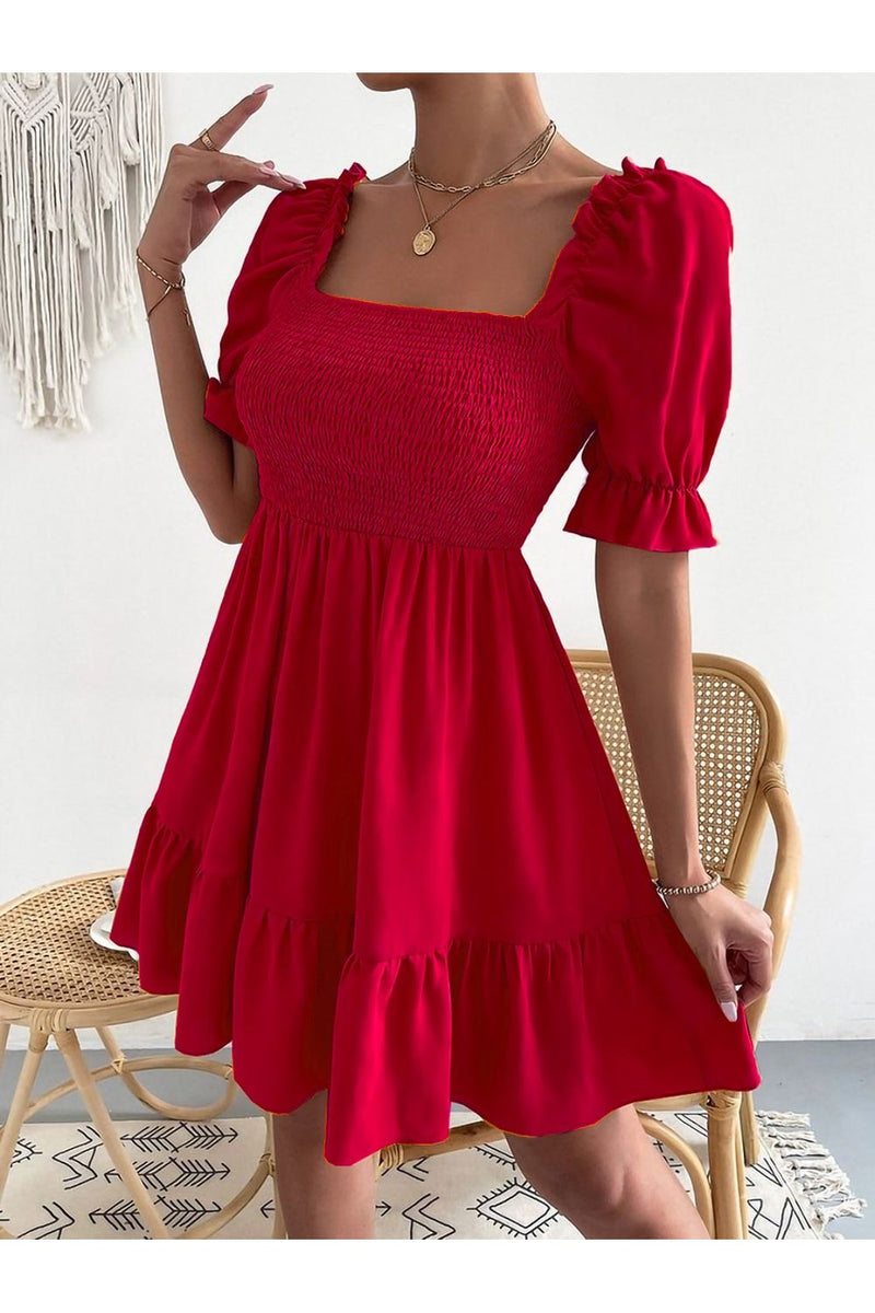 Smocked Square Neck Short Sleeve Dress