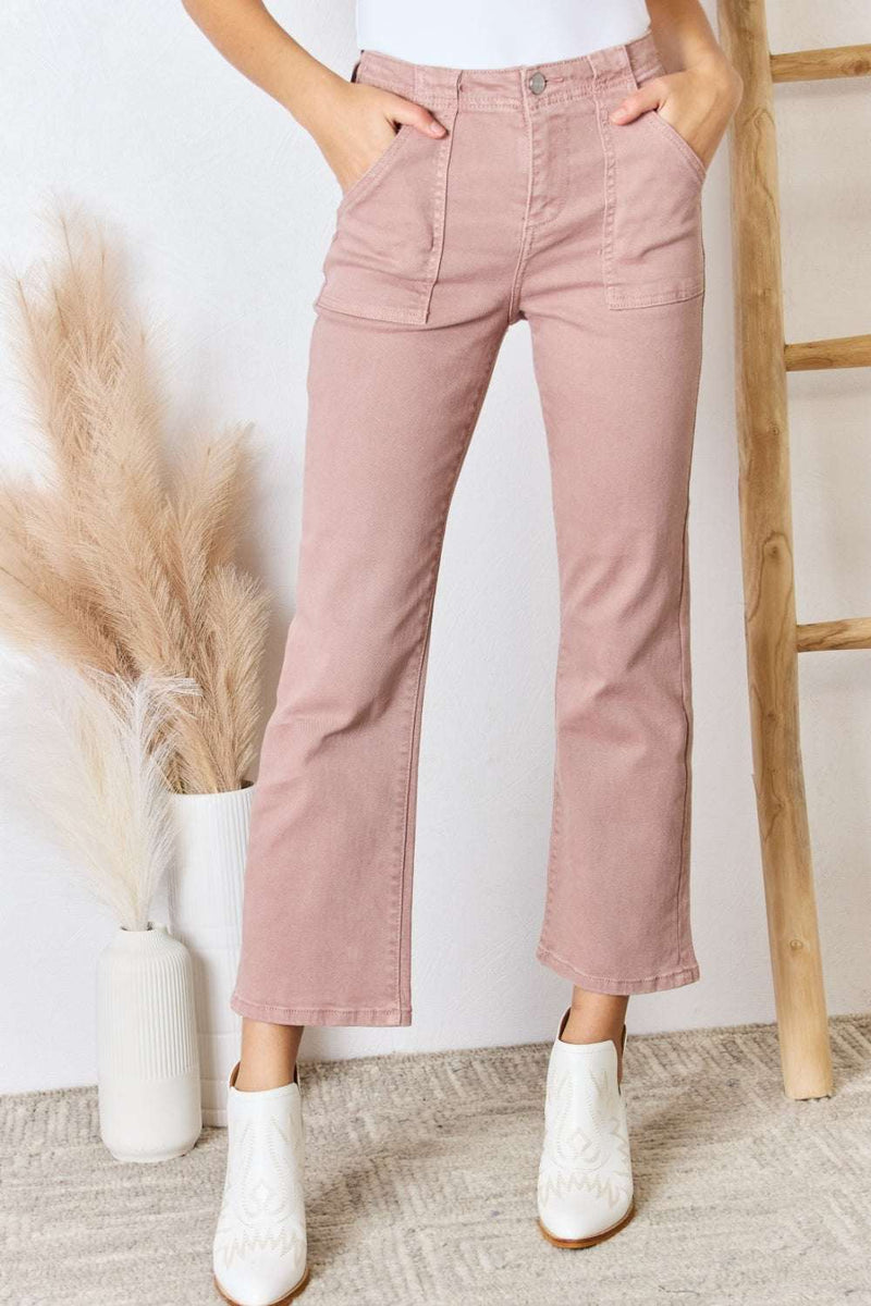 RISEN Full Size High Rise Ankle Flare Jeans in blush, pocketed basic style, slightly stretchy cotton-spandex fabric.