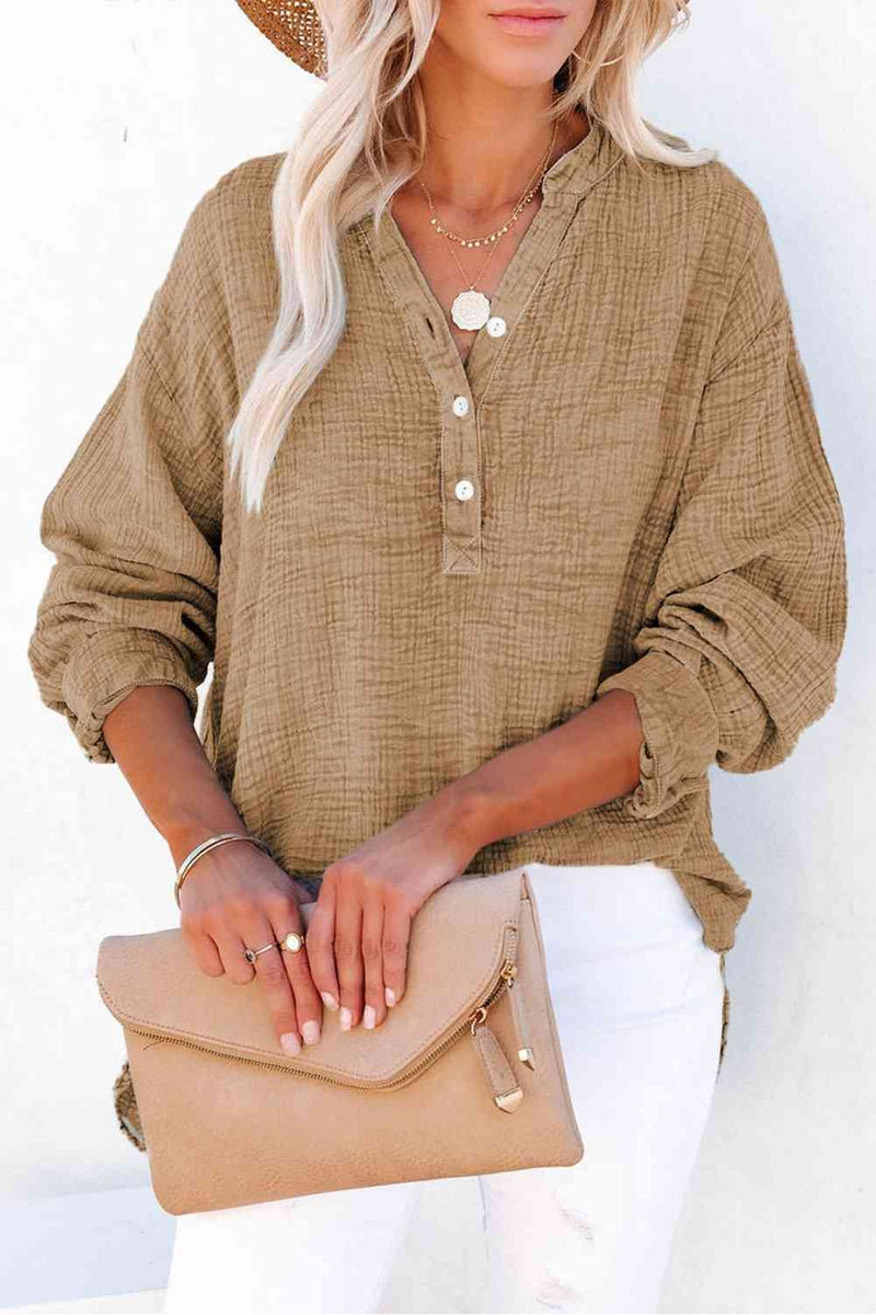 Buttoned Long Sleeve BlouseFeatures: Buttoned
Sheer: Opaque
Stretch: No stretch
Material composition: 100% cotton
Care instructions: Machine wash cold. Tumble dry low.
Imported
Product measureAll TopsTrendsiKlondike Creek Unique BoutiqueButtoned Long Sleeve Blouse