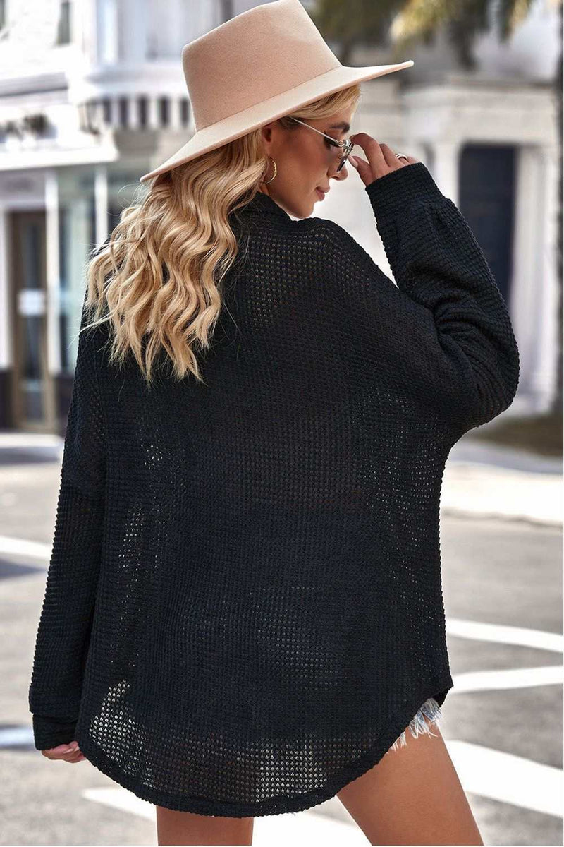 Waffle-Knit Collared Neck Dropped Shoulder ShirtPattern type: Solid
Style: Casual
Features: Waffle-knit
Neckline: Collared neck
Length: Long
Sleeve length: Long sleeves
Sleeve type: Dropped shoulders
Sheer: No
MatTrendsiKlondike Creek Unique BoutiqueWaffle-Knit Collared Neck Dropped Shoulder Shirt