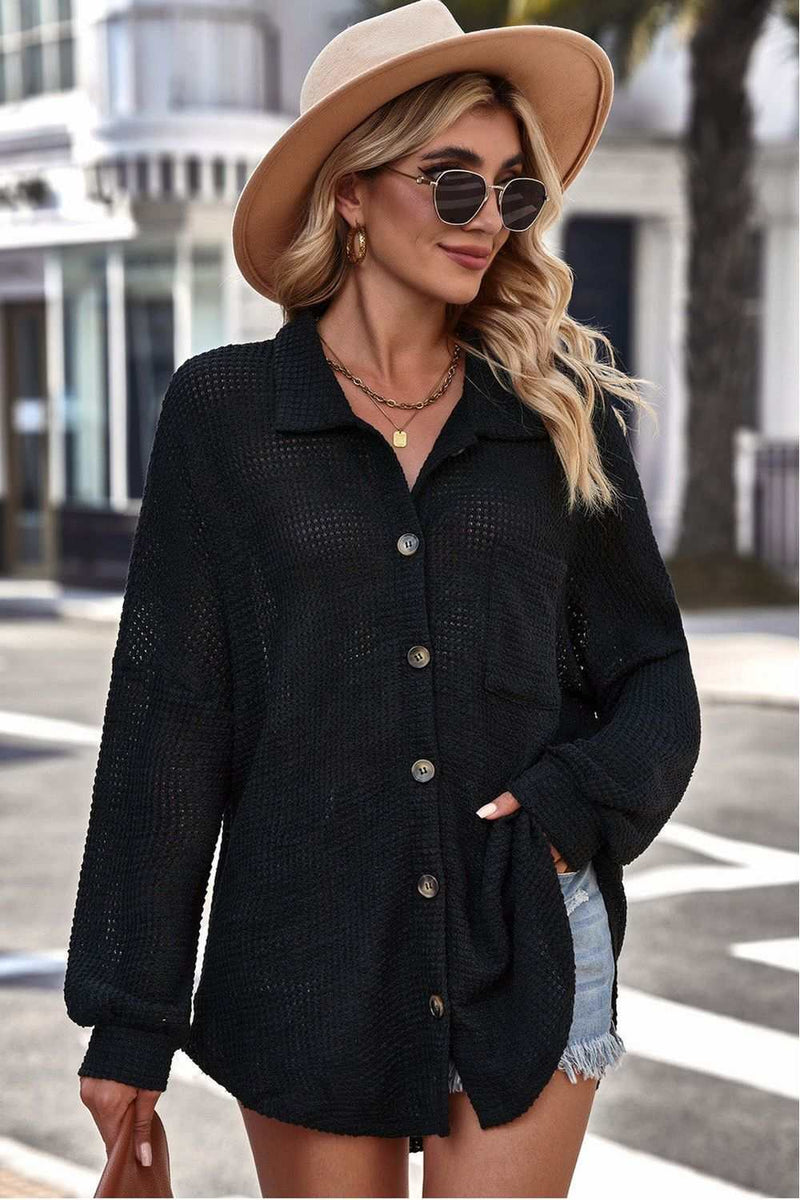 Waffle-Knit Collared Neck Dropped Shoulder ShirtPattern type: Solid
Style: Casual
Features: Waffle-knit
Neckline: Collared neck
Length: Long
Sleeve length: Long sleeves
Sleeve type: Dropped shoulders
Sheer: No
MatTrendsiKlondike Creek Unique BoutiqueWaffle-Knit Collared Neck Dropped Shoulder Shirt