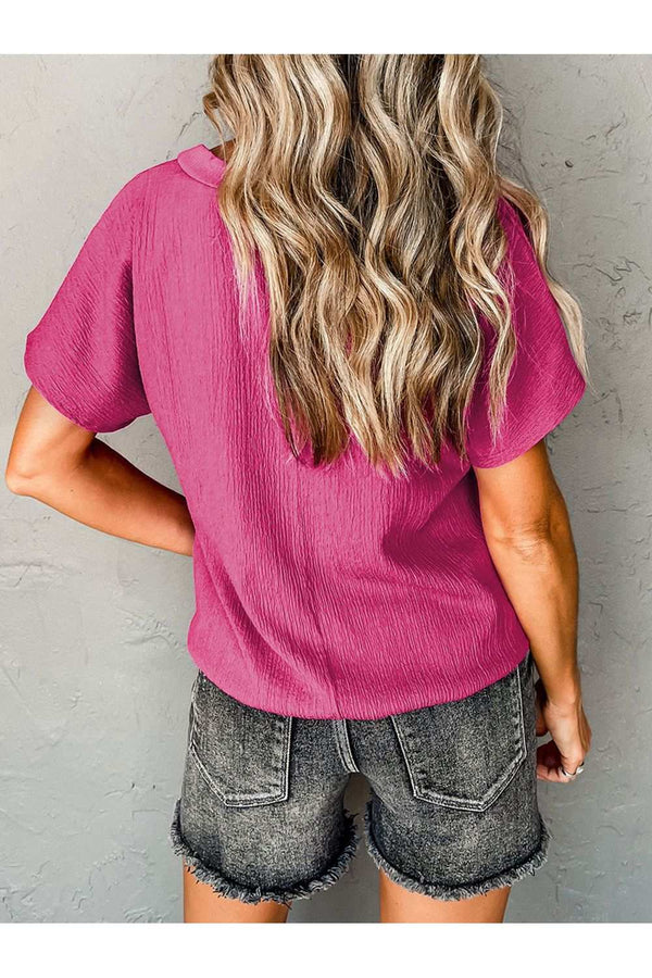 Textured V-Neck Short Sleeve T-ShirtFeatures: Basic style
Sheer: Opaque
Stretch: Slightly stretchy
Material composition: 97% polyester, 3% elastane
Care instructions: Machine wash cold. Tumble dry low.Shirts & TopsTrendsiKlondike Creek Unique Boutique-Neck Short Sleeve