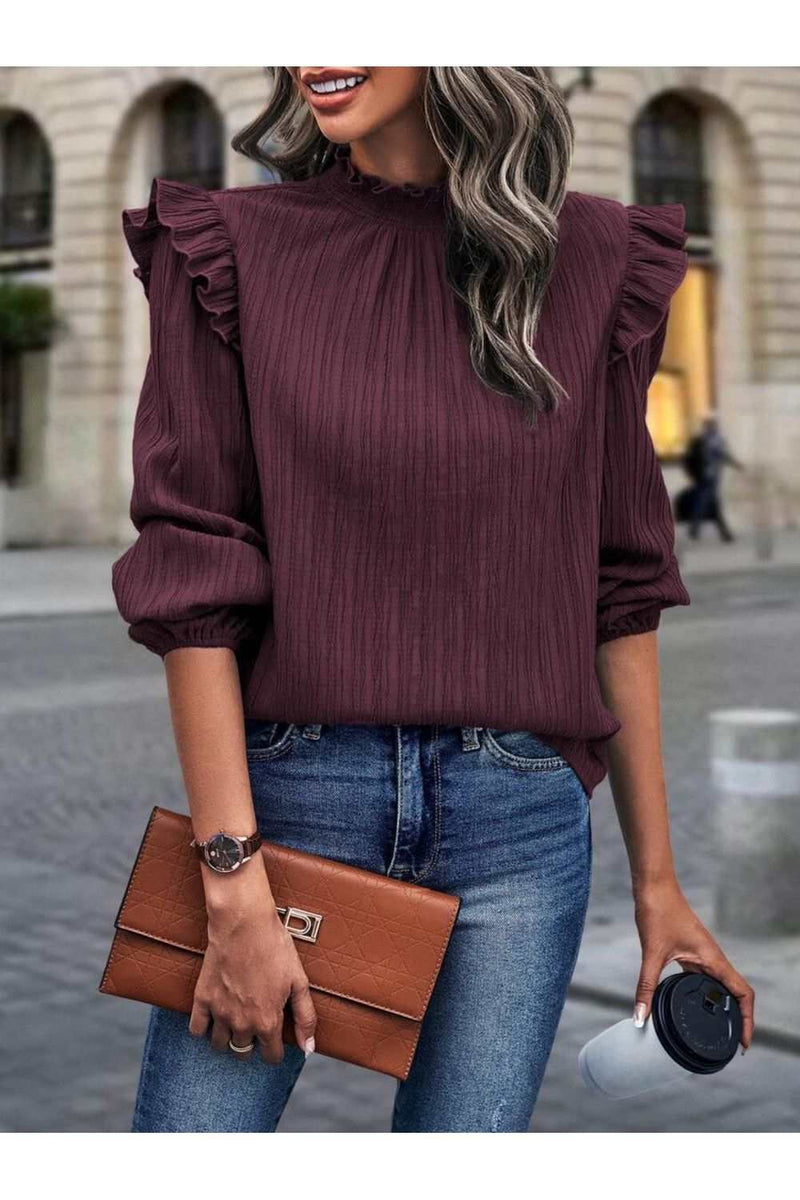 Mock Neck Ruffle Shoulder Blouse in burgundy with long sleeves.