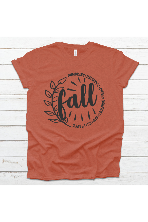 Bella Canvas Fall Tee with "fall" graphic and seasonal motifs on soft fabric.